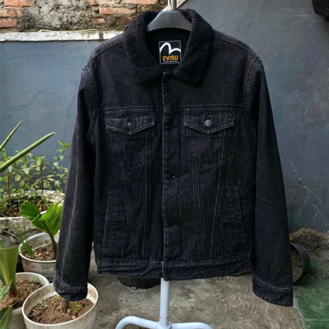 [Termurah] EVISU Trucker Denim Boxy Fit Black Sherpa Jacket