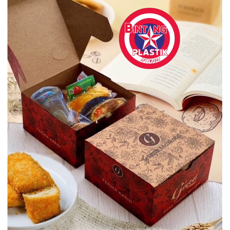 

RB TOP BRAND!! [ 1 Pak 100Lbr ] Dus Nasi / Kue Snack Box Kraft Batik Uk R8 - 18x18 Gretel Brown