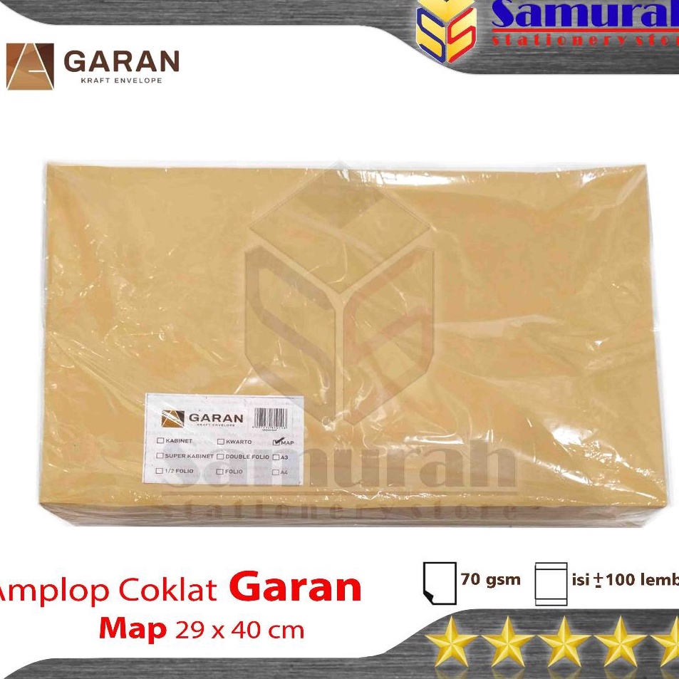 

KODE PRODUK JJCVH9487 Amplop Kertas Coklat GARAN Ukuran Map 29 x 4 cm Amplop Dokumen Besar 1 pak isi 1 Lembar Tebal 7 Gsm Gram 29x4