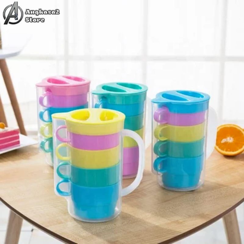 Teko Set Gelas 5in1 Plastik Pelangi