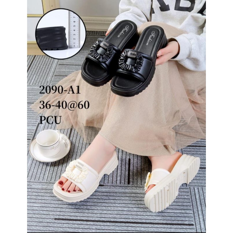 Sandal.Karet Jelly Import Wanita Heel.Kotak 5 cm Slop.Bunga Gesper Alina2090