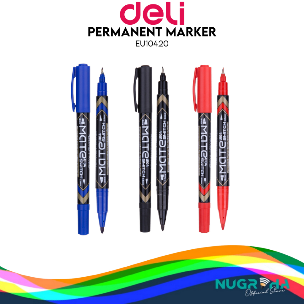 

Deli Permanent Marker / Spidol Permanen Tip Ganda Cepat Kering Isi 12 pcs Hitam/Biru/Merah EU104