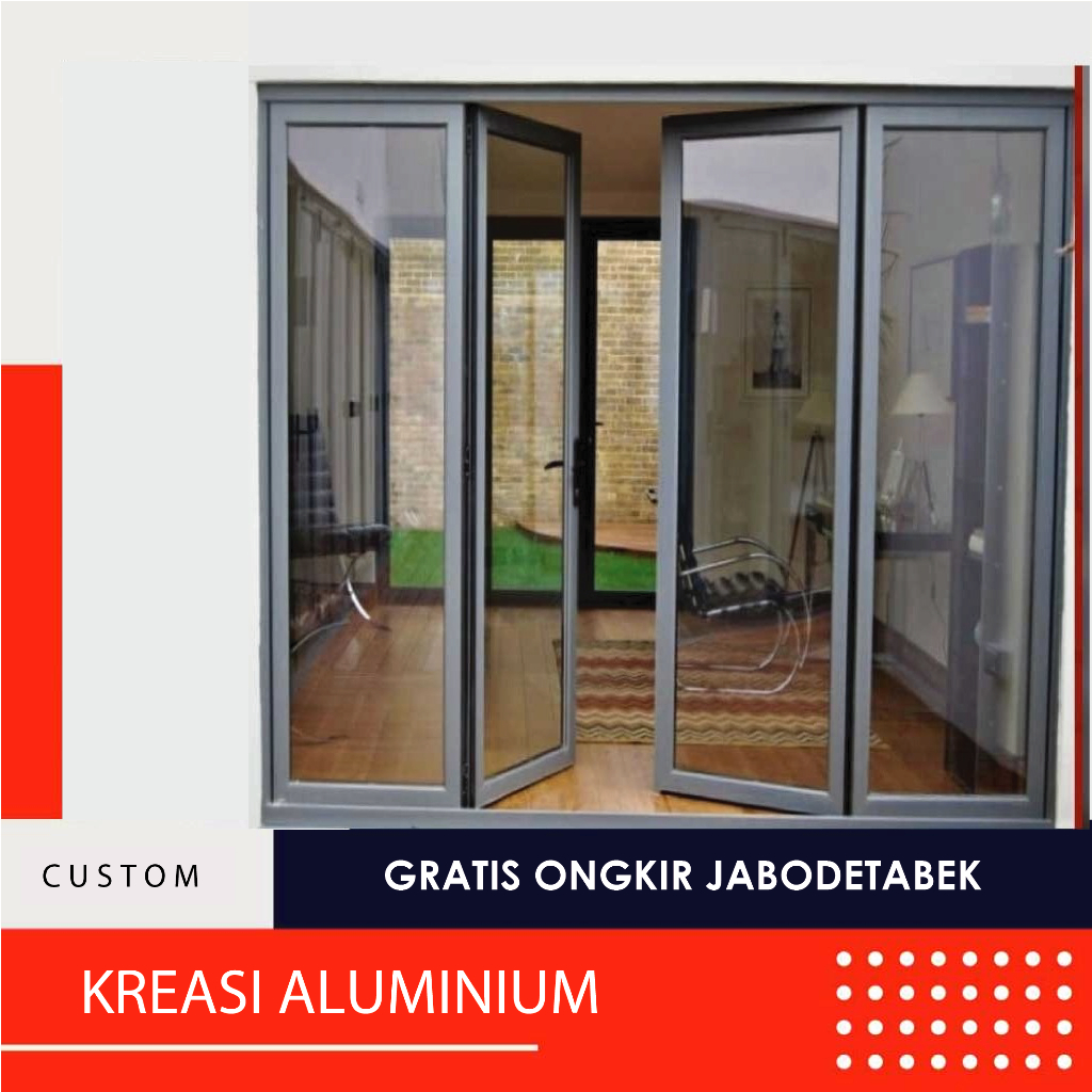 Pintu Partisi Kaca Aluminium 300x210 Model 2 Daun Swing Kiri Kanan Kaca Mati
