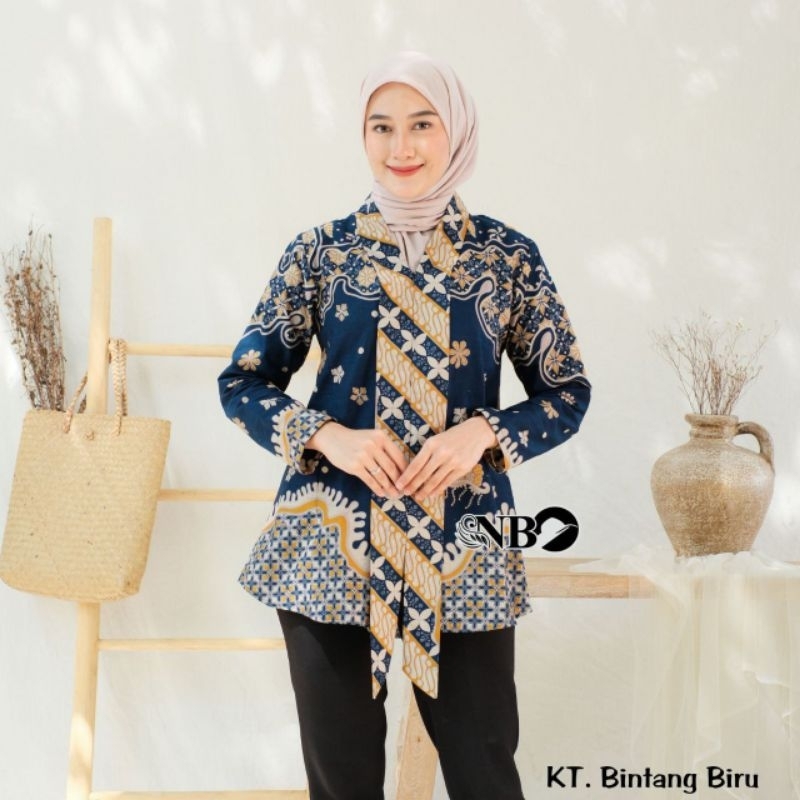 Batik Wanita Modern Kerja Kantor Lengan Panjang Dasi Lipat Motif Bintang Series Atasan Kemeja Wanita