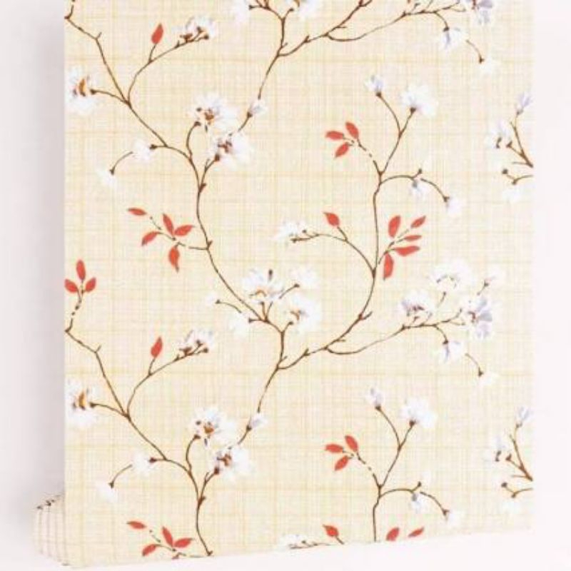 Wallpaper Stiker Dinding Motif Bunga Sakura Kream Minimalis