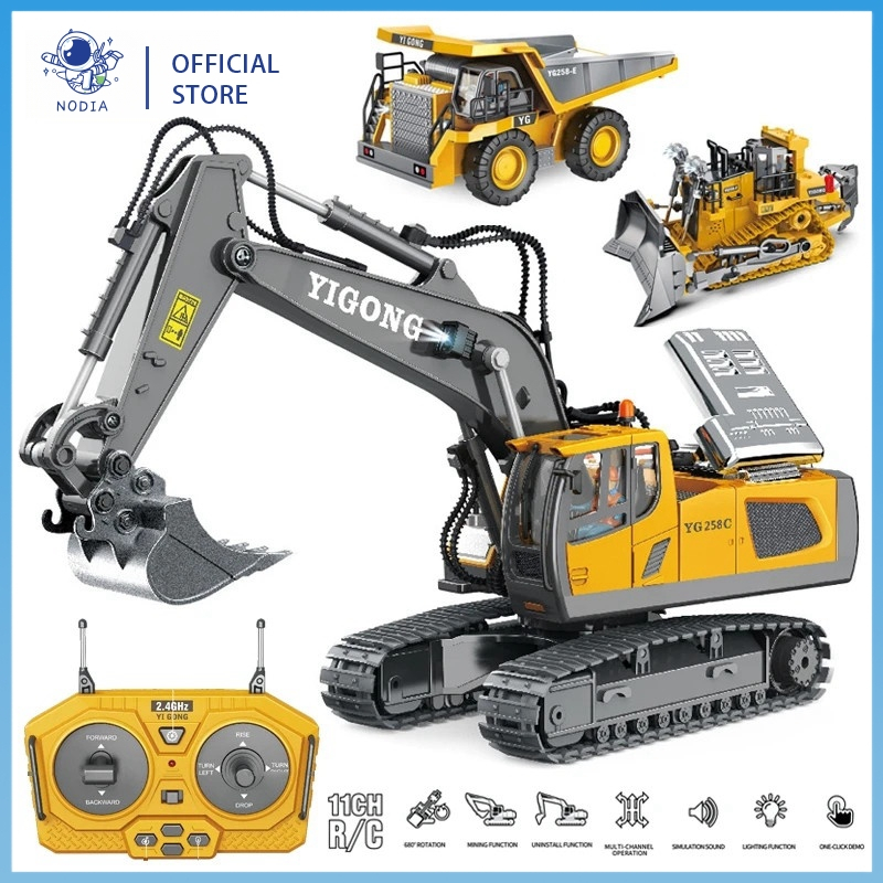 NODIA Ekskavator Remote Control Paduan 2.4G Buldoser Truk Sampah 11 Saluran Kendaraan Rekayasa Plast