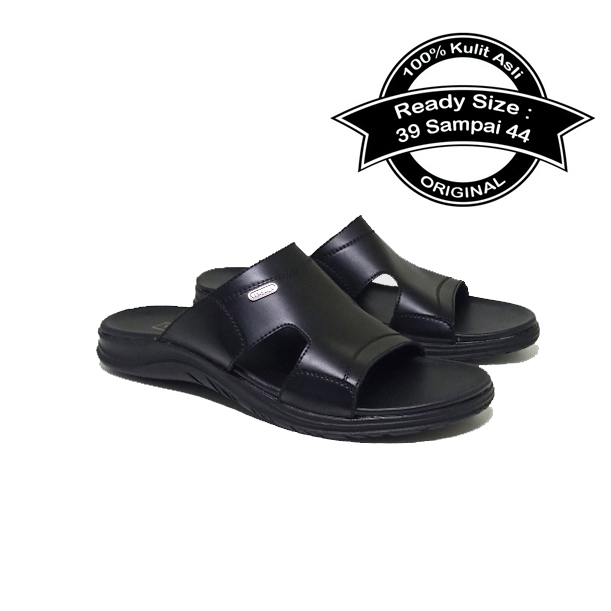 Boswell Full Black - Sandal Pria Selop Formal Kulit Asli / Sendal Casual Kerja Cowok