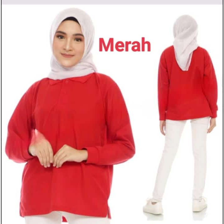 Kaos Kerah Panjang Unisex Merah / Kaos Kerah Polos Lengan Panjang / Polo Shirt Panjang