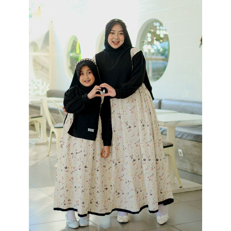 Baju Gamis Wanita Couple Cople Cauple Kapel Ibu Dan Anak Perempuan Muslim Hijab Syari Elora Motif