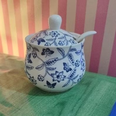 Set impor tempat bumbu keramik motif bunga biru glossy model pot keramik gaya cina oriental elegan m