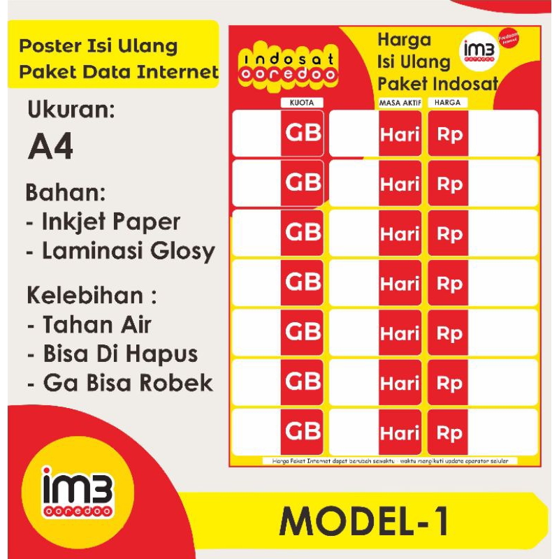 POSTER HARGA PAKET DATA INTERNET  / POSTER KONTER HARGA KUOTA INTERNET