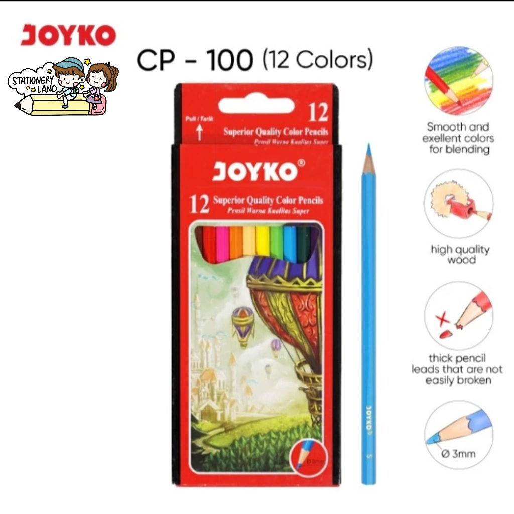 

( StaLand / DAPAT 1 SET ) PENSIL WARNA JOYKO CP-100 / Pensil Gambar / Color Pencil JOYKO 12 WARNA PANJANG CP-100