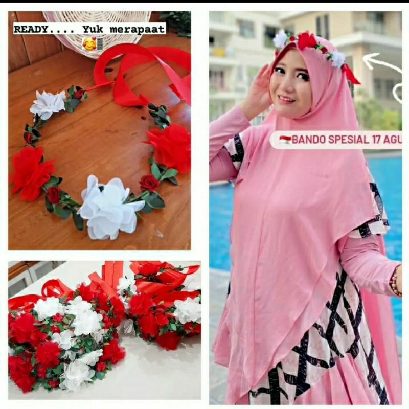 Mahkota bunga - mahkota rambut - Merah Putih -  bando melingkar - flower crown - mahkota hijab