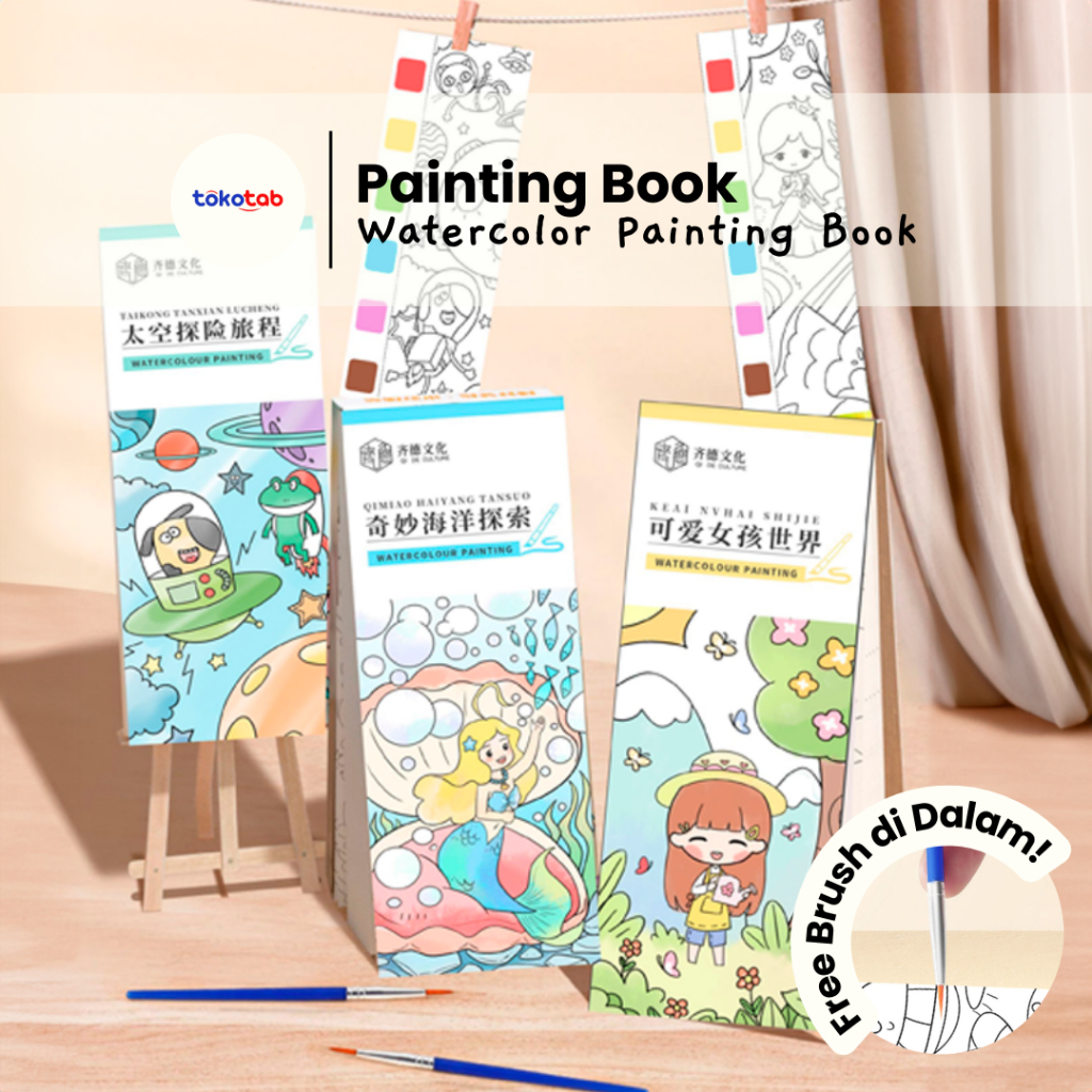 

Tokotab - Buku Melukis Mewarnai Cat Air Anak Buku Gambar Cat Air Watercolour Painting 1 Set Paket Lukis / Paket Melukis Free Kuas