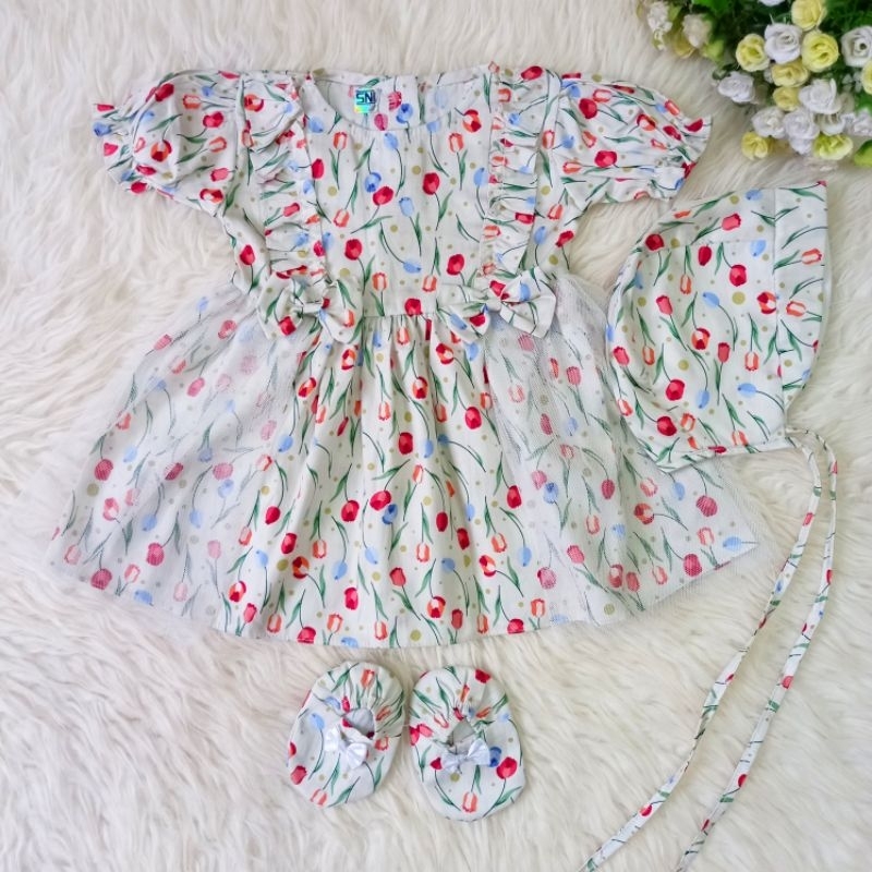 Dress Bayi Pita Kaca 0 3 6 9 Bulan Baju Anak Perempuan Set Sepatu Bandana Pergi Pesta Jalan