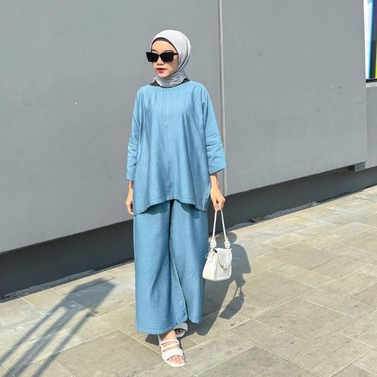 CILILY-Nindy One Set Setelan Wanita Panjang Polo Linen Jumbo