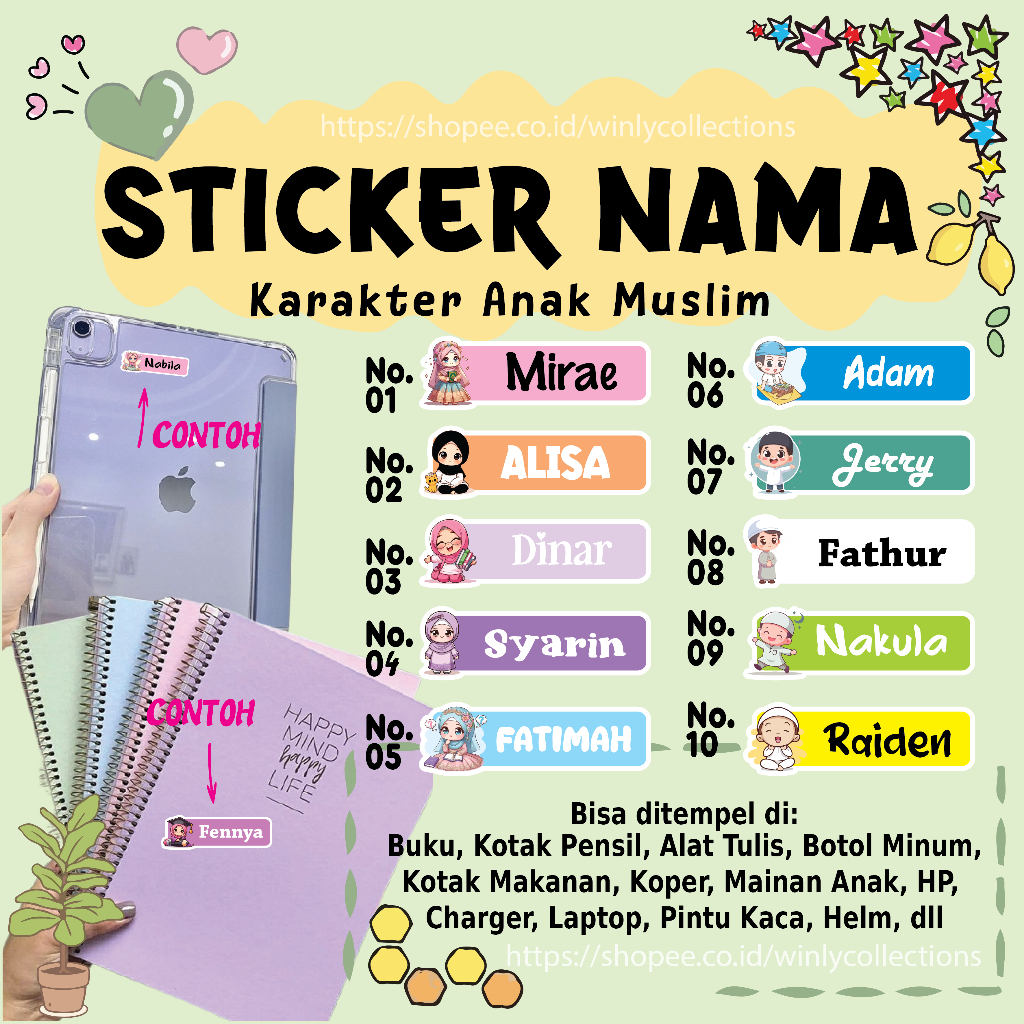 

STICKER LABEL NAMA ANAK MUSLIM PESANTREN SANTRI STIKER CUSTOM LEBEL PREMIUM MURAH LUCU BISA TEMPEL DI BUKU KOTAK PENSIL HELM BOTOL MINUM KOTAK MAKANAN ALAT TULIS KOPER LAPTOP HP PINTU KACA
