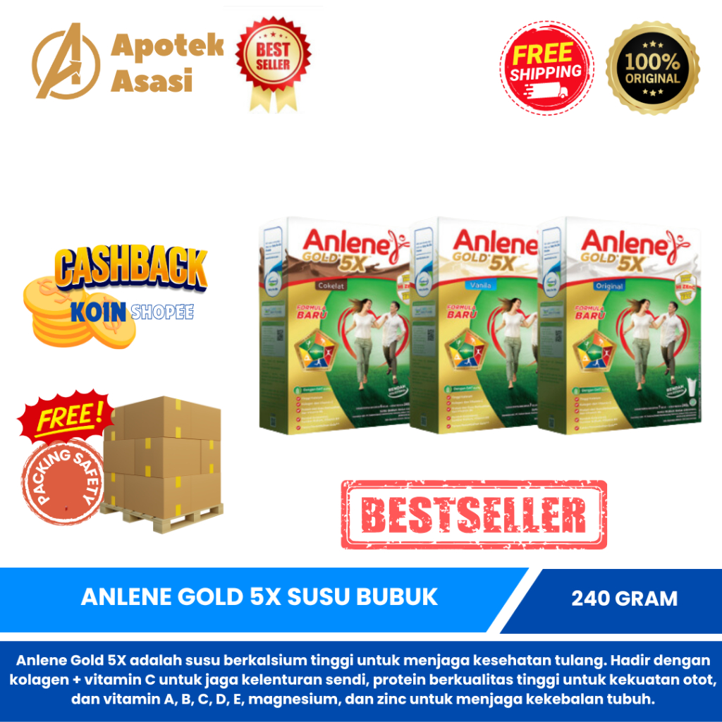 

Anlene Gold 5X Susu Bubuk Dewasa Original, Vanilla, Cokelat 240g - Nutrisi Tinggi Kalsium Untuk Tulang, Sendi, dan Otot