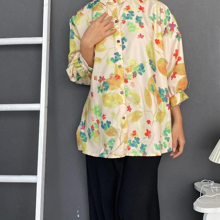 KIWI[WENDA BUNGA]Blouse wanita bunga kuning lengan kantor kerja hijab friendly  BAHAN POLYESTER