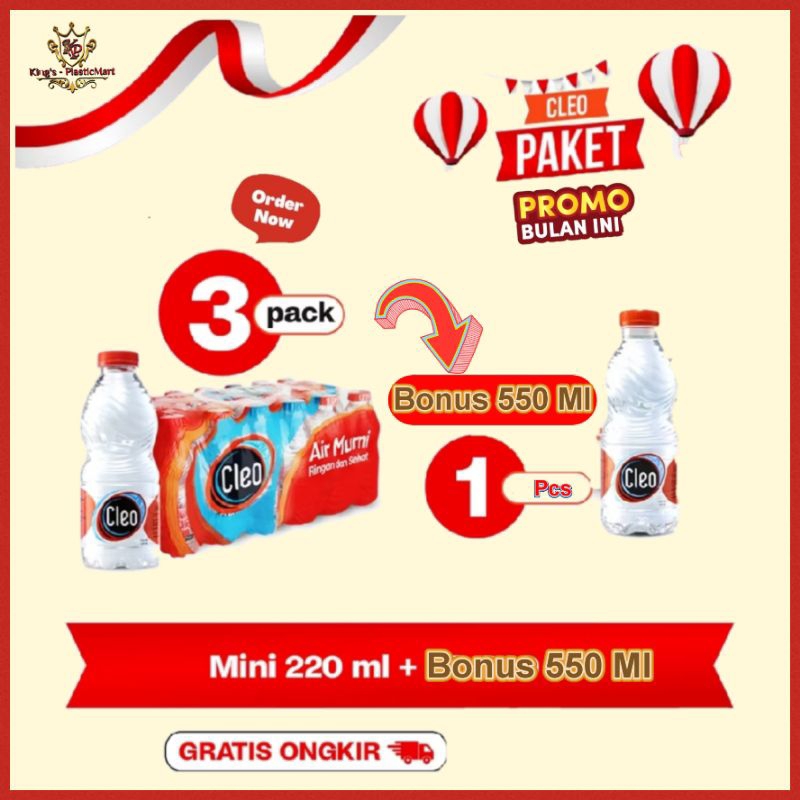 

Air Murni Cleo Mini Smart 220 Ml ( 3 Pack) + Bonus Cleo 550 Ml ( 1 Botol )