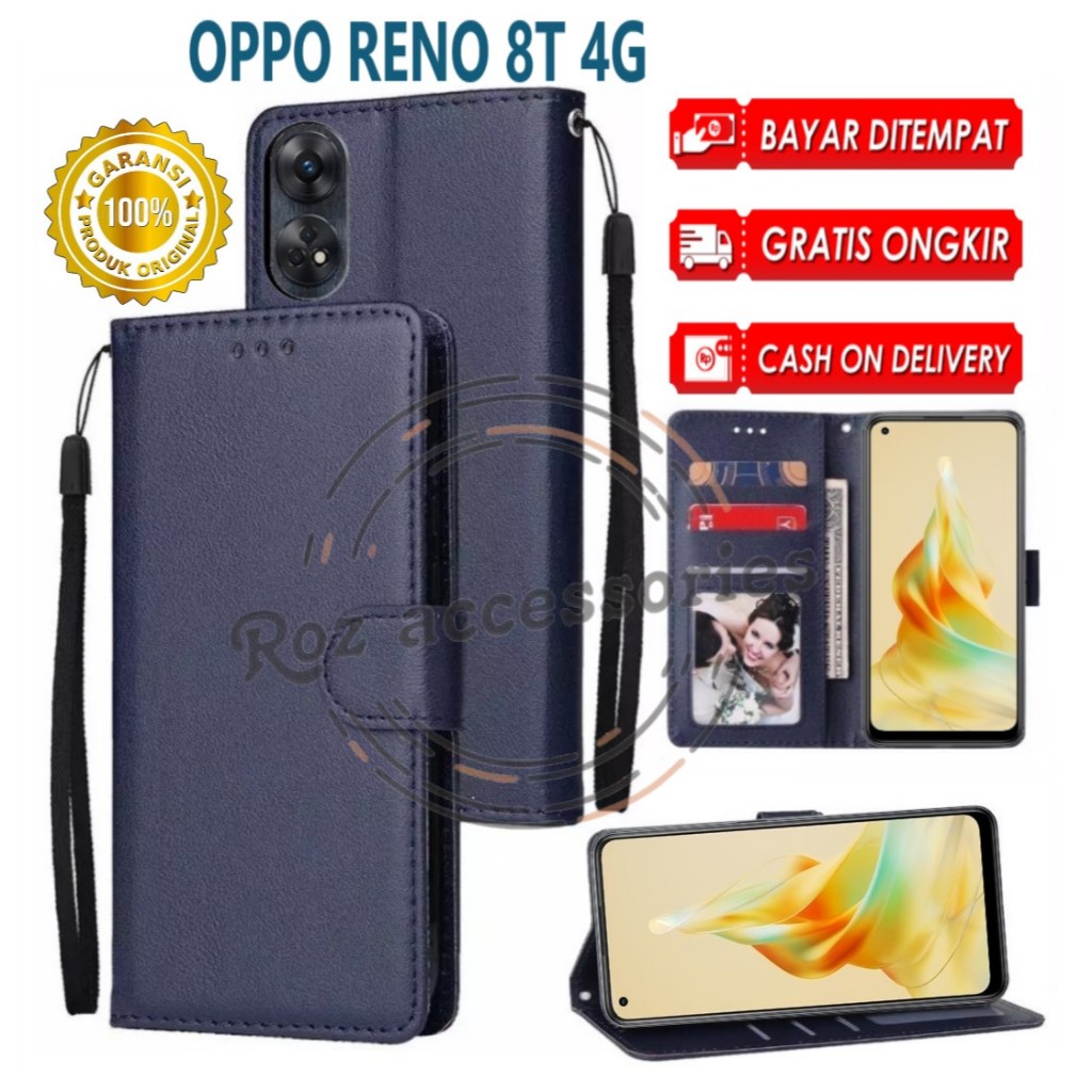 Accessories HP Oppo Reno 8T 4G Flip Leather Case Premium Wallet Kulit Sarung Dompet Handphone