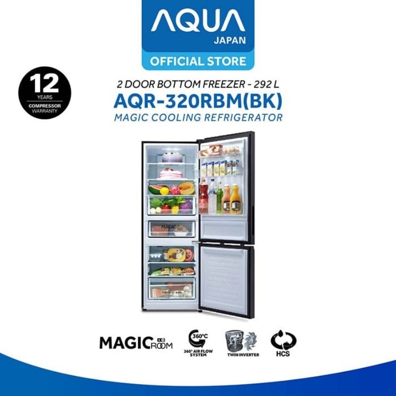 KULKAS AQUA 2 PINTU BOTTOM FREEZER/ FREEZER BAWAH AQR-320RBM(BK) 292 LITER UNTUK KOTA CIREBON