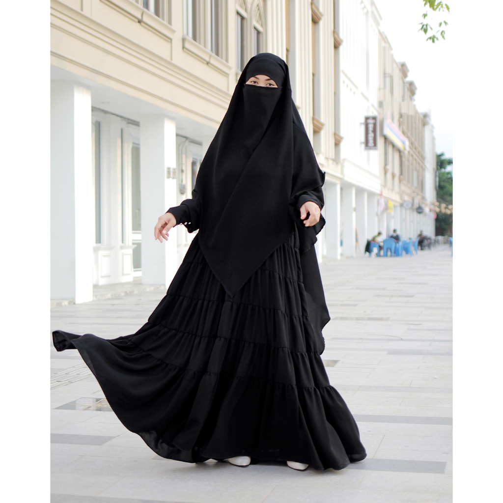 Aqueenah - Gamis Rempel Dress Lubna V3 Polos Hitam Jetblack