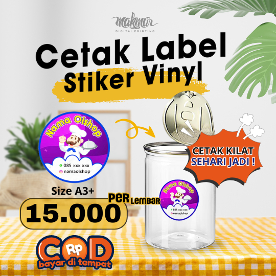 

Cetak Sticker A3+ Vinyl Custom Label Packaging Kemasan Makanan Minuman / Label Olshop / Tahan Air