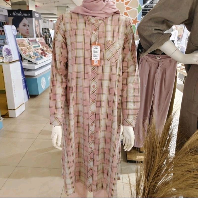 TRISET -TUNIK COTTON KERAH BULAT MOTIF  KOTAK KOTAK PINK