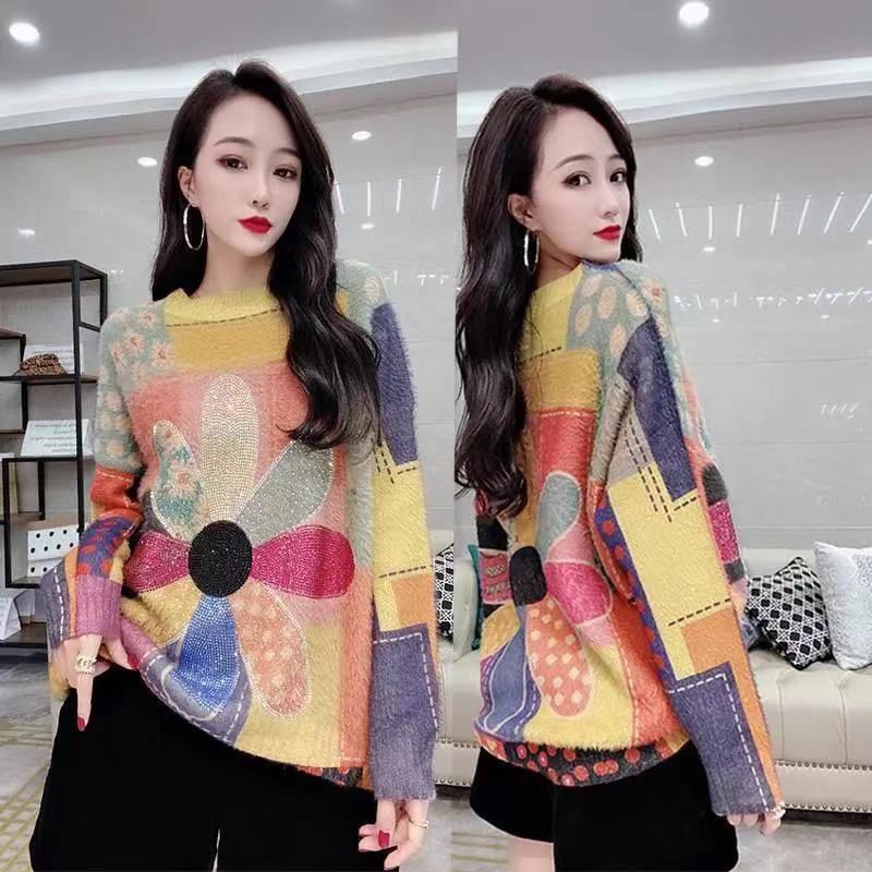 Floral Sweater Wanita Bulu Halus Premium Oversized Retro Stile