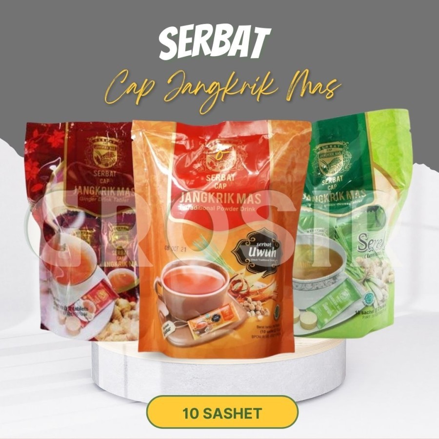 

Minuman Hangat Berkhasiat - Serbat Cap Jangkrik Mas Jahe, Sereh & Uwuh Tablet 10 Sachet - Halal