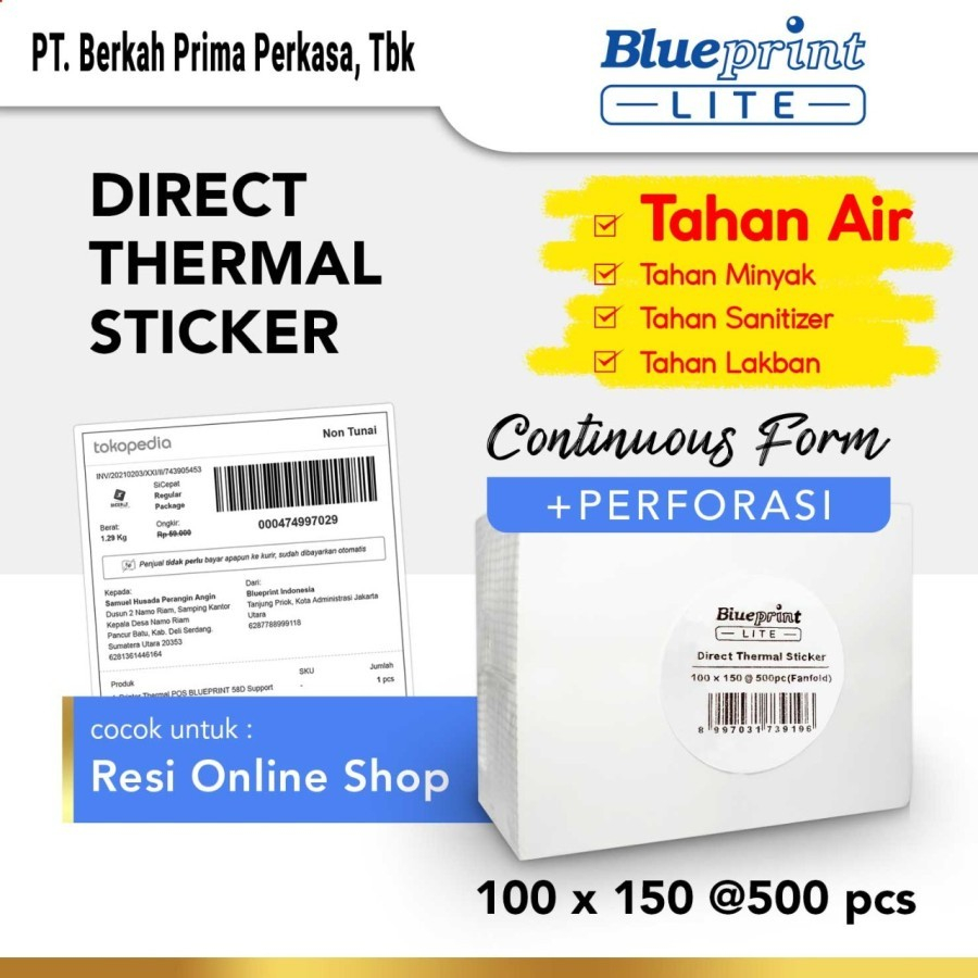 

BLUEPRINT Direct Thermal Sticker Label Resi Lite 100x150mm @500Pcs Continues