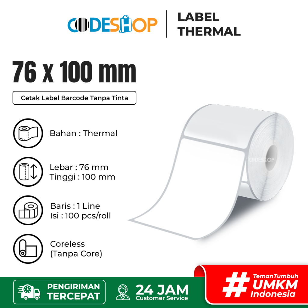 

Stiker Label Thermal 76 x 100 mm Printer Bluetooth 80