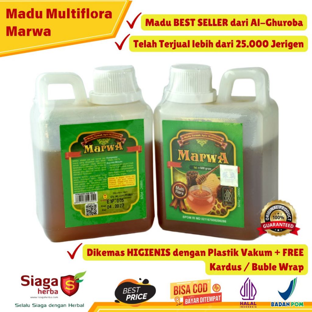 

Al-Ghuroba Madu Multiflora Marwa Asli Antibiotik, Antioksidan, Kesehatan, Jerigen 500Gr