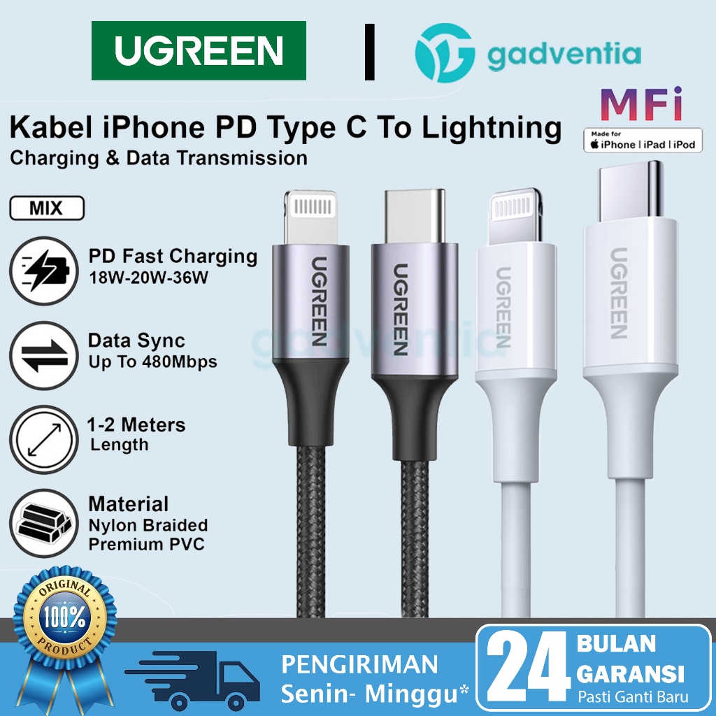 UGREEN Kabel Charger Data Type C to Lightning MFI For iPhone 11 12 13 14 Pro Max Fast Charging 36W