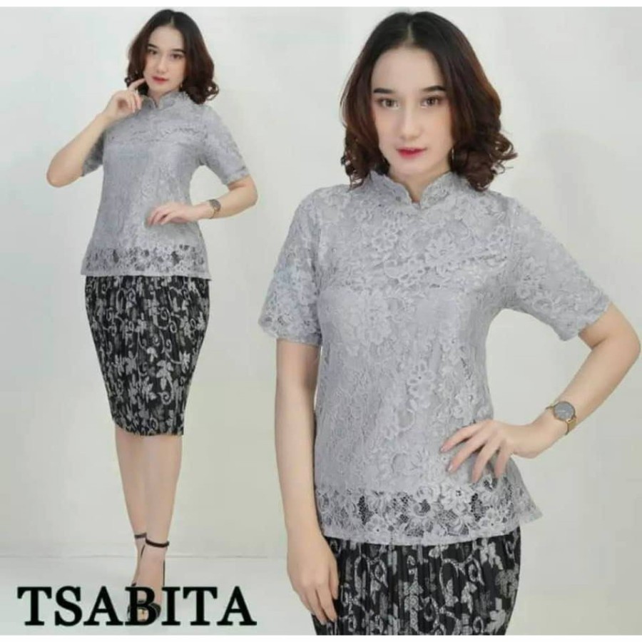 PROMO Atasan kebaya brokat lengan pendek model kerah sanghai GREY