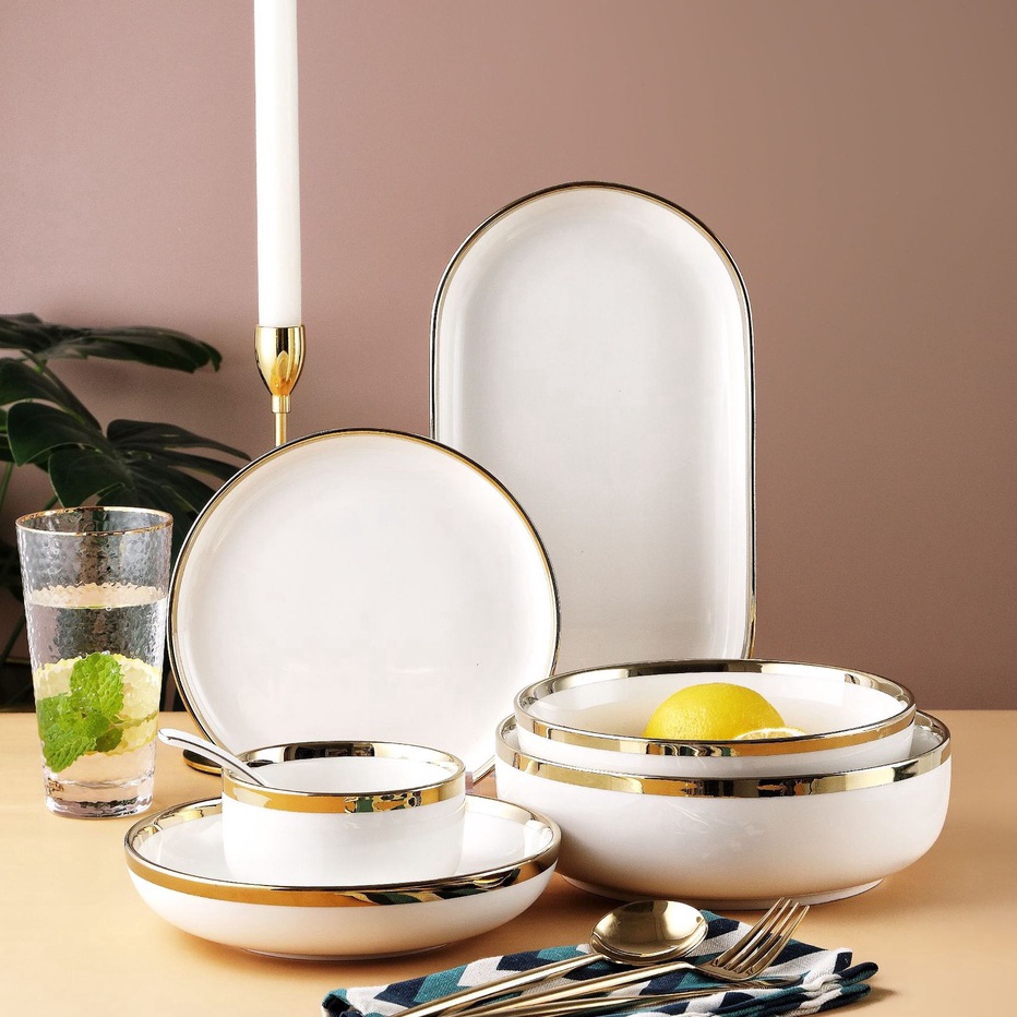 GEBYAR PROMO ASHOME Piring Makan Keramik Putih Gold  Piring Putih Keramik List Gold  Mangkuk Keramik