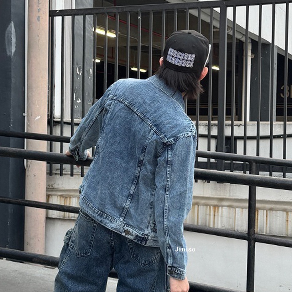 TERBARU JINISO - Denim Pria Jaket Jeans Oversize Vintage Blue Acid
