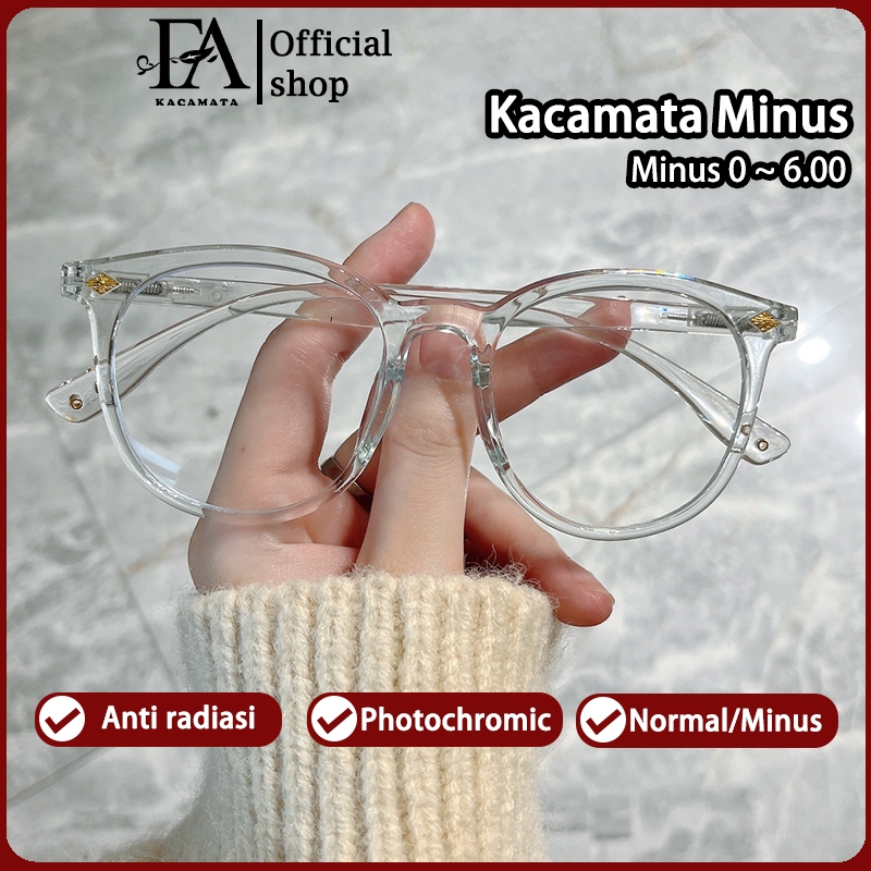 FOMAMATA Kacamata Minus Wanita Anti Radiasi Photocromic  Logam+TR90 Bulat Frame Kaca Mata Optik