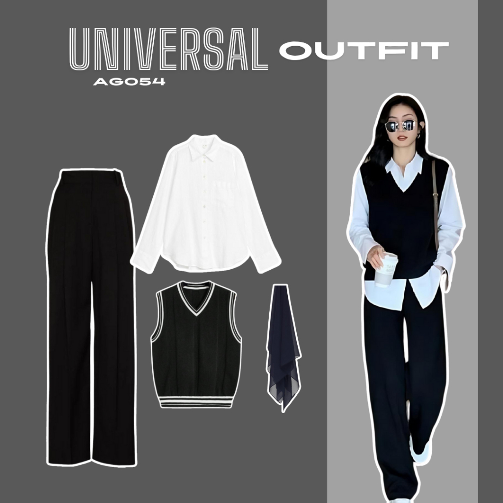 4in1 Outfit Set Korean Style Vest Hitam Kemeja Putih Set Celana Hitam Setelan Wanita Kekinian Outfit