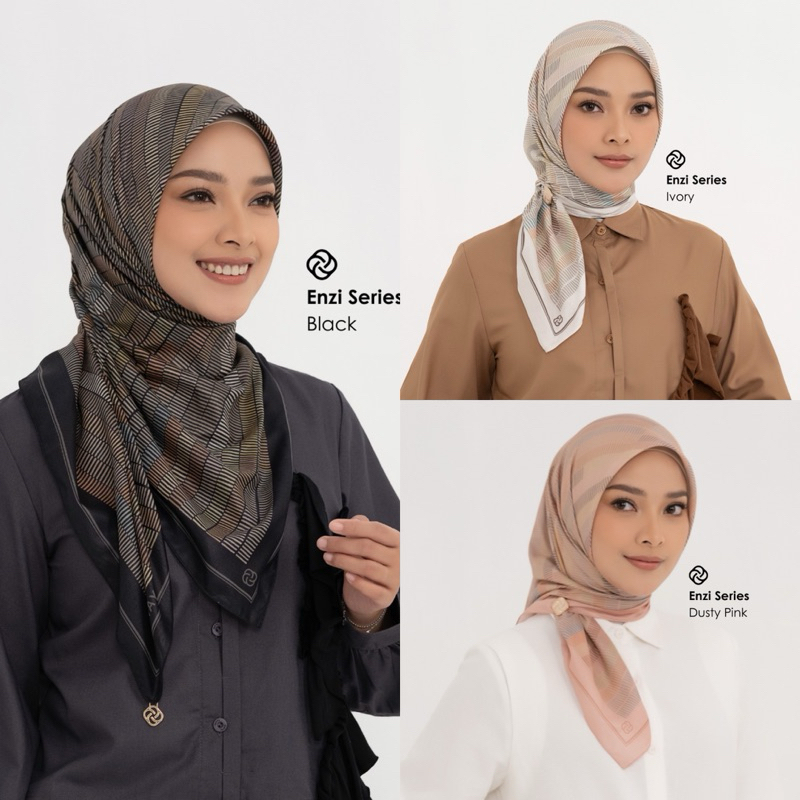 Deenay ENZI SERIES | BLACK IVORY DUSTY PINK | HIJAB VOAL SEGIEMPAT | JILBAB MOTIF PRINTING KERUDUNG 