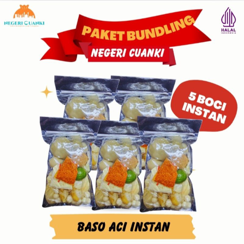 

Paket Bundling Baso Aci Instan 5 bks Boci lengkap toping cuanki lidah somay mini pilus cikur kencur seblak