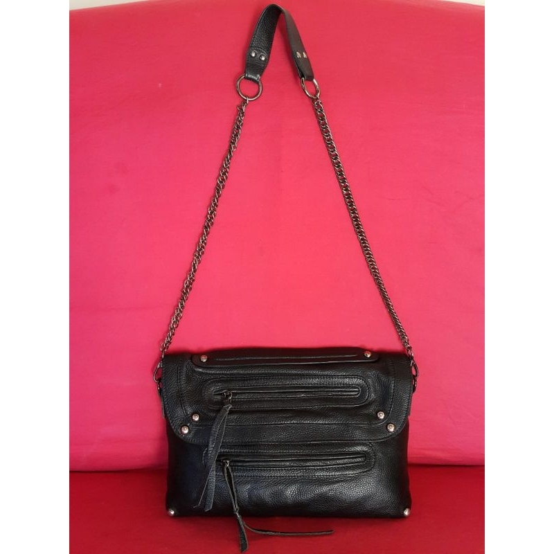 Tas Wanita Selempang Sling Bag Hitam Kulit Asli Tali Rantai