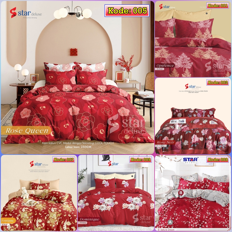 Kain Bahan Sprei Meteran Katun CVC Motif Bunga Merah, Nuansa Bunga Merah