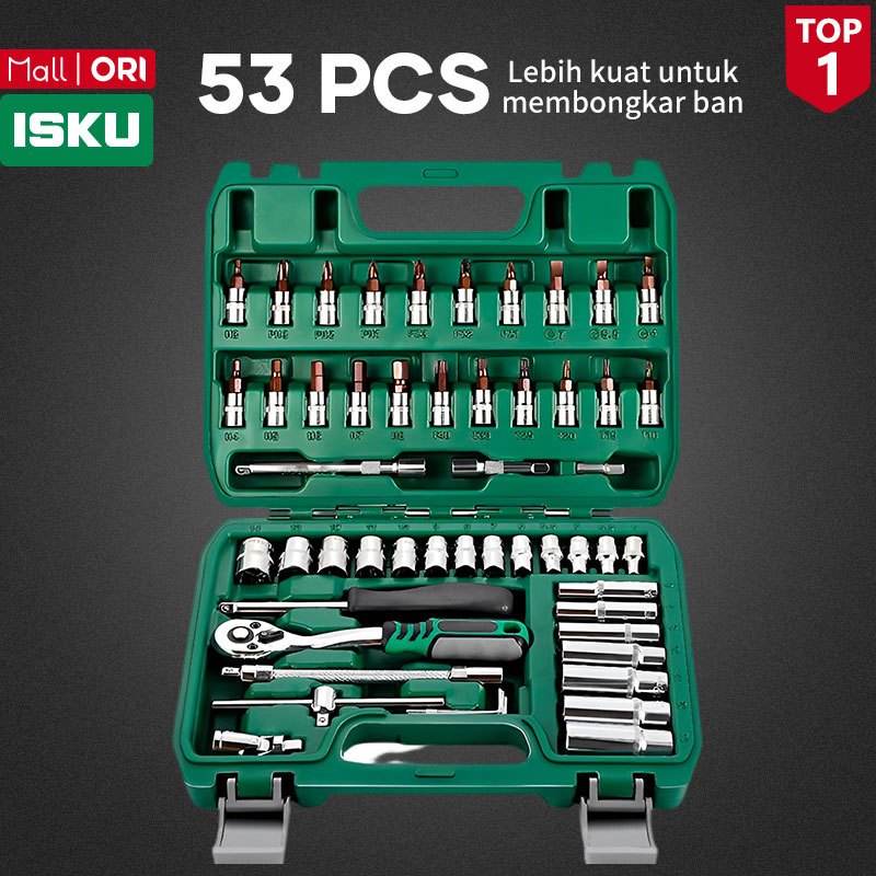 ISKU Tool Kit Kunci Sok Set 53 Pcs 1/4 Inch Mata Sok Panjang Pendek Gagang Ratchet Bengkok 72 Gigi B
