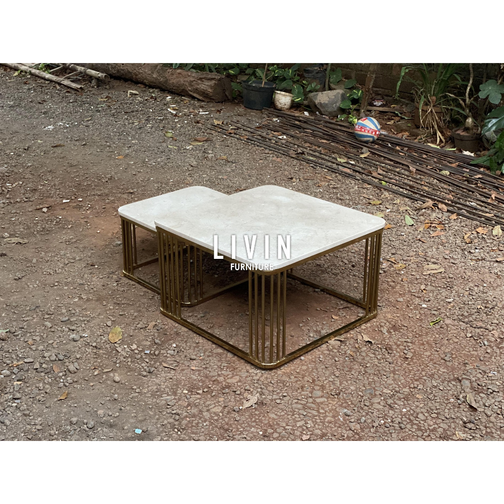 Meja Tamu Stainless Marmer Double Persegi Modern Minimalis