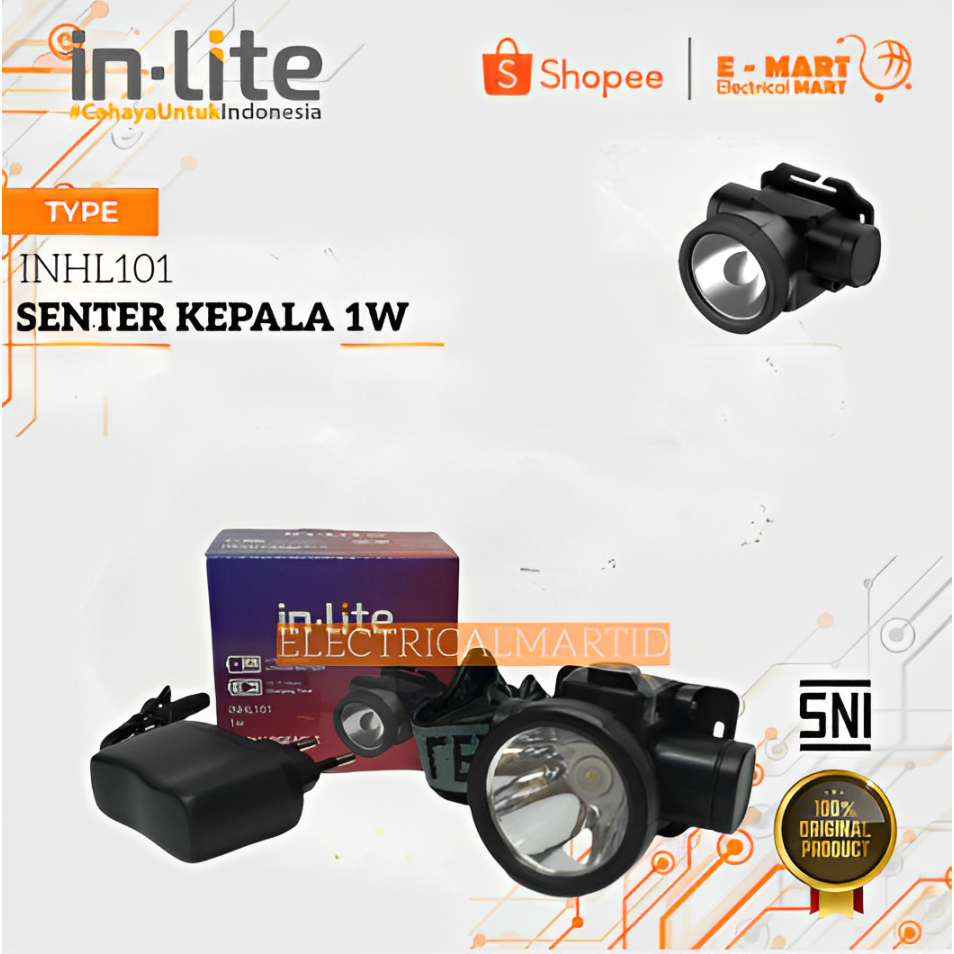 Senter Kepala 1W 3W INLITE INHL101 Rechargeable Head Lamp 3watt 1watt PUTIH