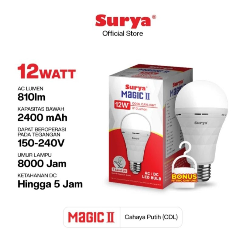 LAMPU SURYA MAGIC II KAPASITAS 2400mAh | Lampu Bohlam LED Emergency SURYA MAGIC