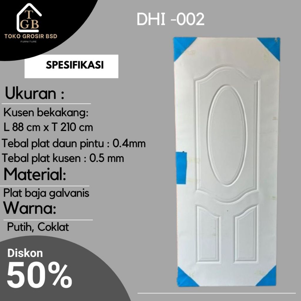 Pintu Baja Utama /Pintu DHI-002 putih/ Kamar / Kantor / Kontrakan / Kosan / Rangka kayu plat Baja (L