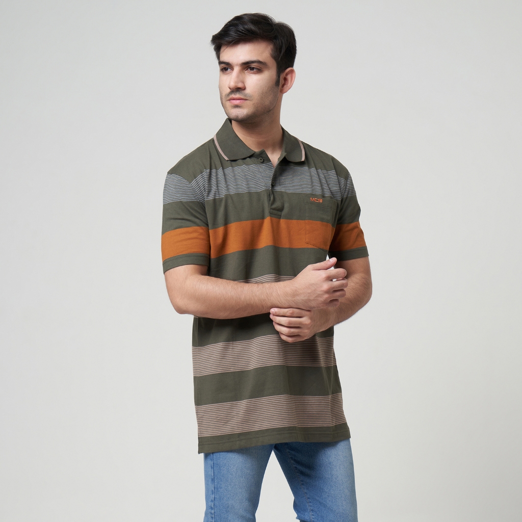 MCB Kaos Polo Wangky Salur Pria Stripe Big Size Hijau Lumut | 1101024